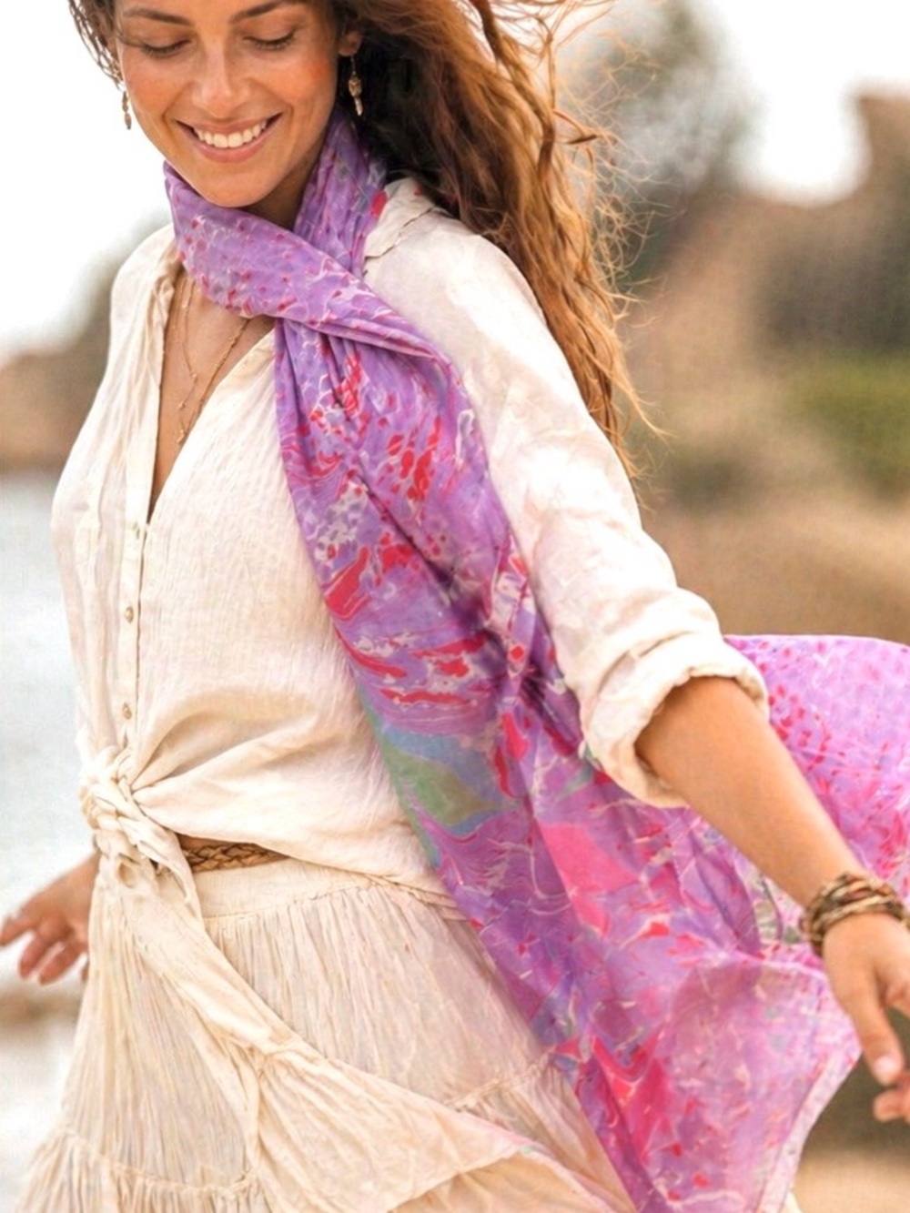 Hand Dyed Silk Scarf Purple Eco Hand Marble DyeDye Boho Luxury Artisan Wrap NWT